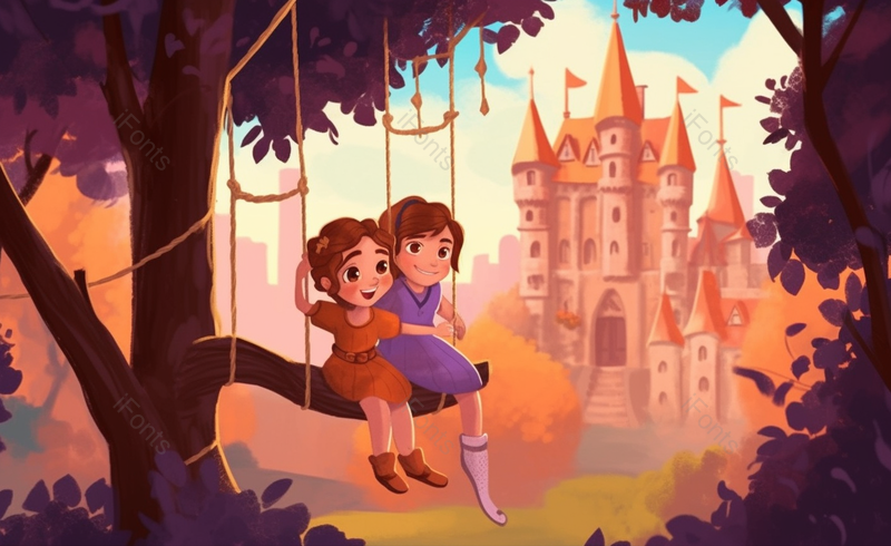 王子公主秋千男孩女孩儿童节插画母亲节插画卡通花园城堡原创插画素材,插画/手绘图,插画/手绘图库,插画/手绘图下载,插画/手绘